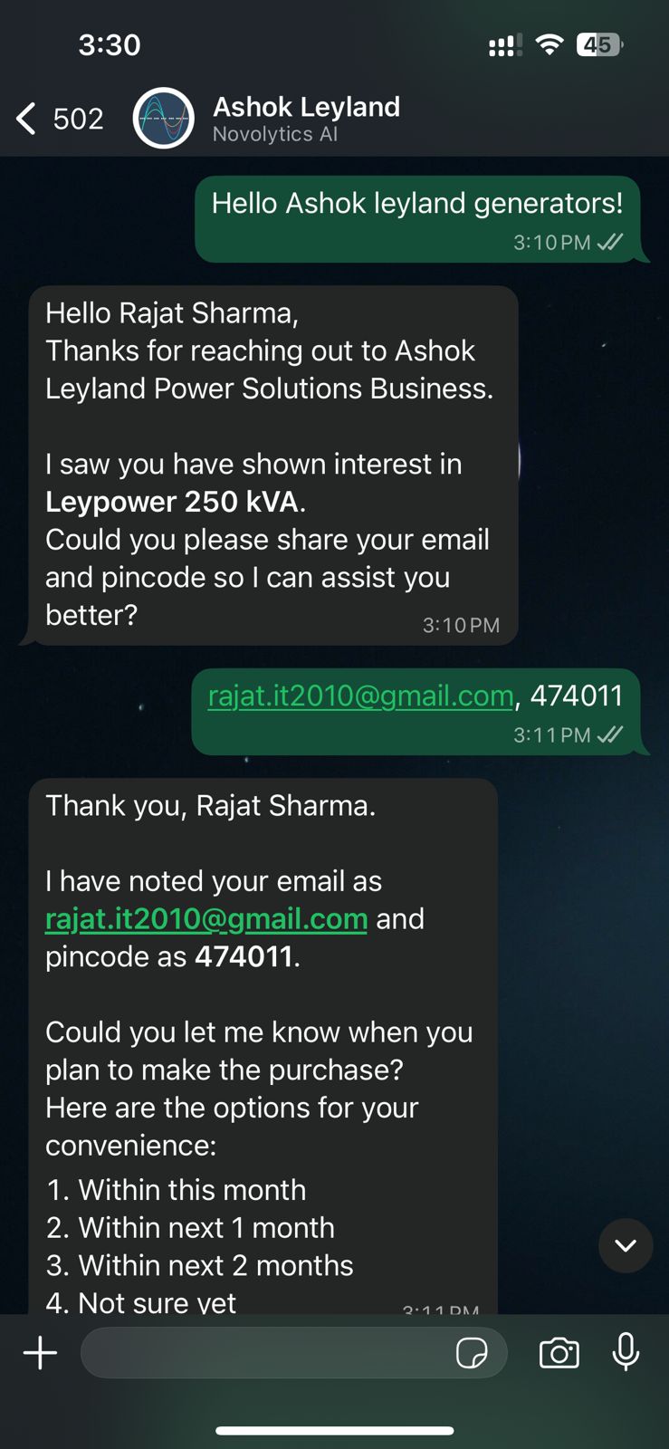 WhatsApp AI Bot conversation - customer inquiry